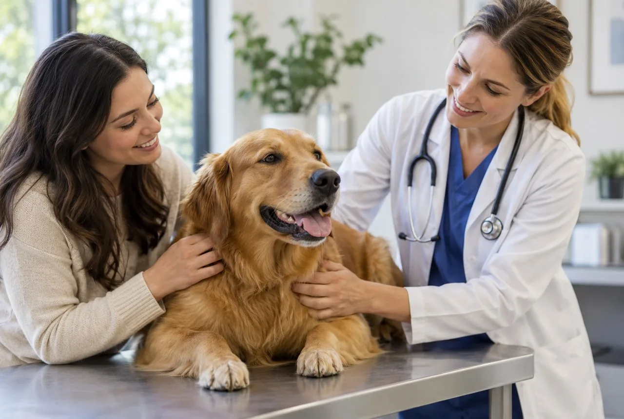 Golden Retriever on an examination table beside its owner and veterinarian